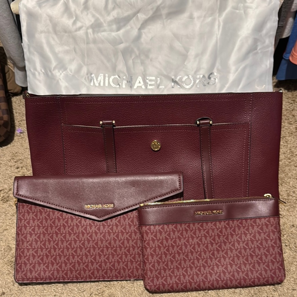 Michael Kors Burgundy Tote and Pouches Set